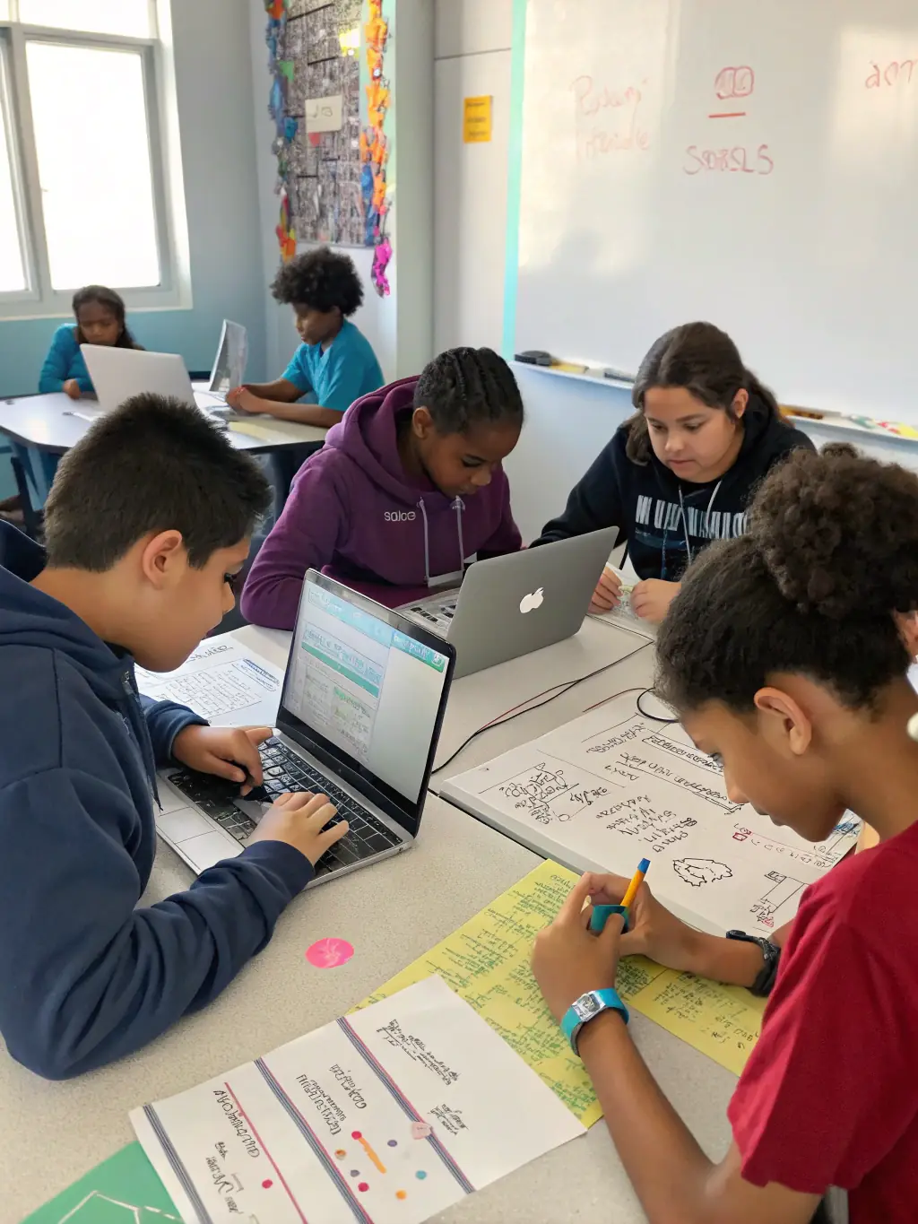 A vibrant image of students collaborating on an AI project during a workshop at IsmA, showcasing hands-on learning and teamwork.