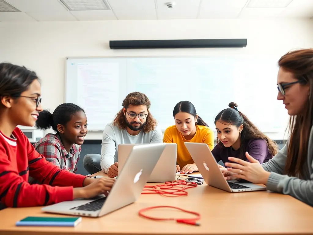 A diverse group of students actively participating in a hands-on AI workshop, collaborating on a coding project with laptops and interactive displays in a modern classroom setting.