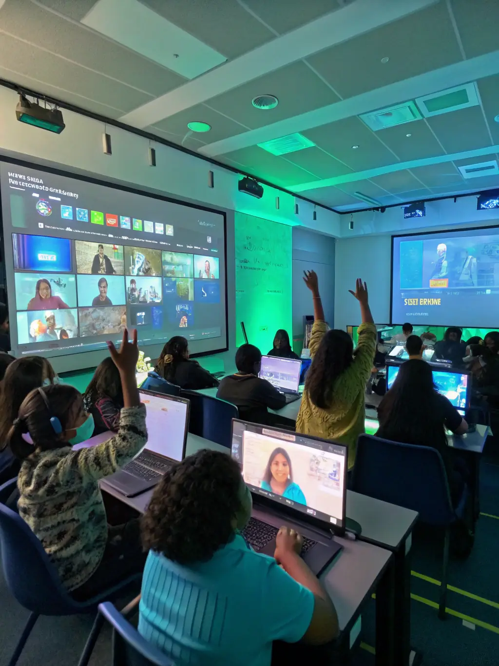 A colorful image representing the IsmA AI School, with diverse students and instructors interacting in a collaborative environment.