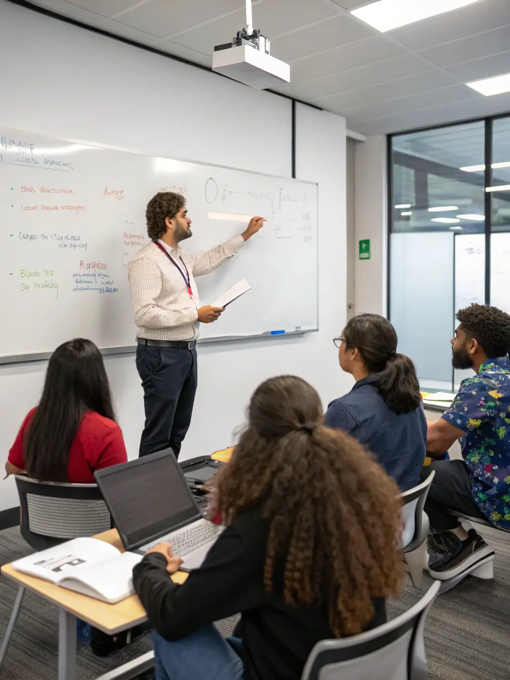 An engaging image of a professor lecturing on advanced AI concepts in a modern classroom setting at IsmA.